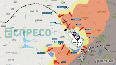 Червоні стрілки - напрямки, за якими РФ намагається потрапити до Авдіївки 