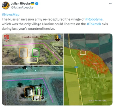 Росіяни захопили село в Запорізькій області, повідомив західний аналітик / скріншот із twitter.com/JulianRoepcke