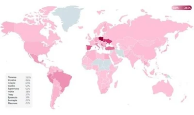 Карта країн, які стали жертвами атак згідно з даними телеметрії ESET