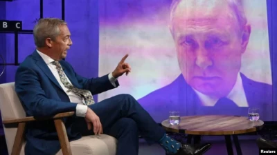 Найджел Фарадж під час інтерв’ю з Ніком Робінсоном у Лондоні, 21 червня 2024 р. Jeff Overs/BBC/Handout via REUTERS