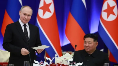 Президент Росії Володимир Путін і лідер Північної Кореї Кім Чен Ин під час підписання угоди в Пхеньяні, 19 червня 2024 року. Фото: Sputnik/Vladimir Smirnov/via Reuters