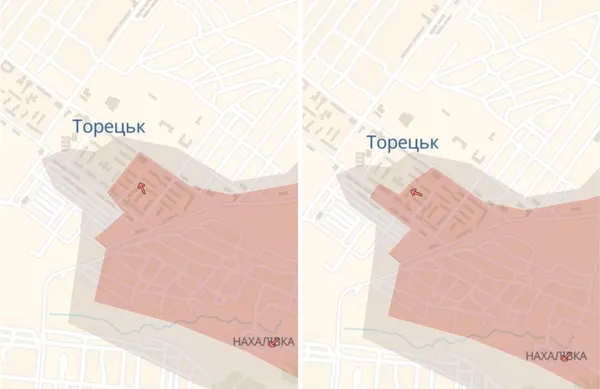 Зміни на мапі DeepState: Торецьк станом на 13 жовтня і станом на 14 жовтня